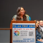 Alma Manabat Parker welcomes attendees to Ketchikan’s 2022 Fil-Am Fest. (Eric Stone/KRBD)