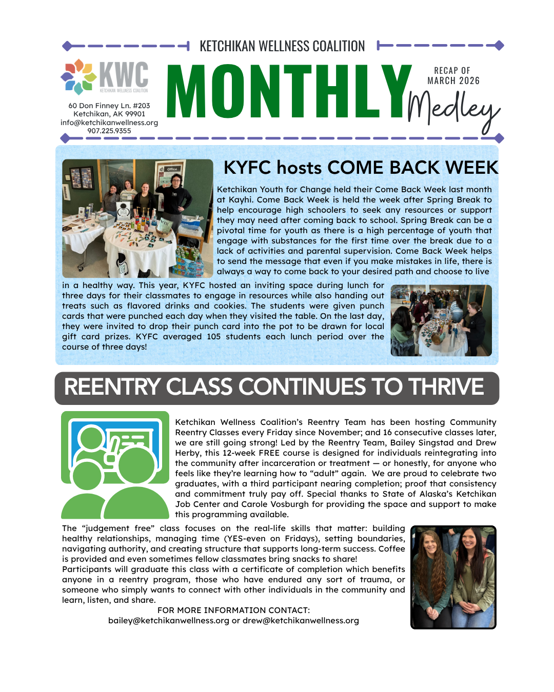 Ketchikan Wellness Coalition Monthly Medley newsletter header with logo, title, and decorative purple border on a light background.