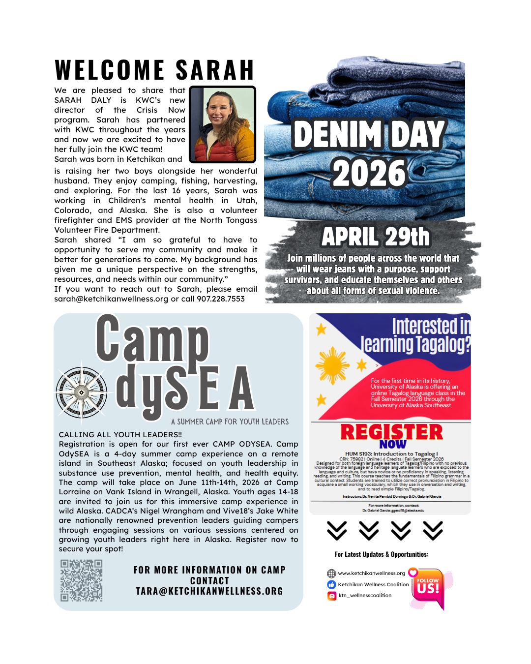 Informational flyer collage advertising Welcome Sarah, Denim Day 2026, Camp OdySEA, and a language class poster.