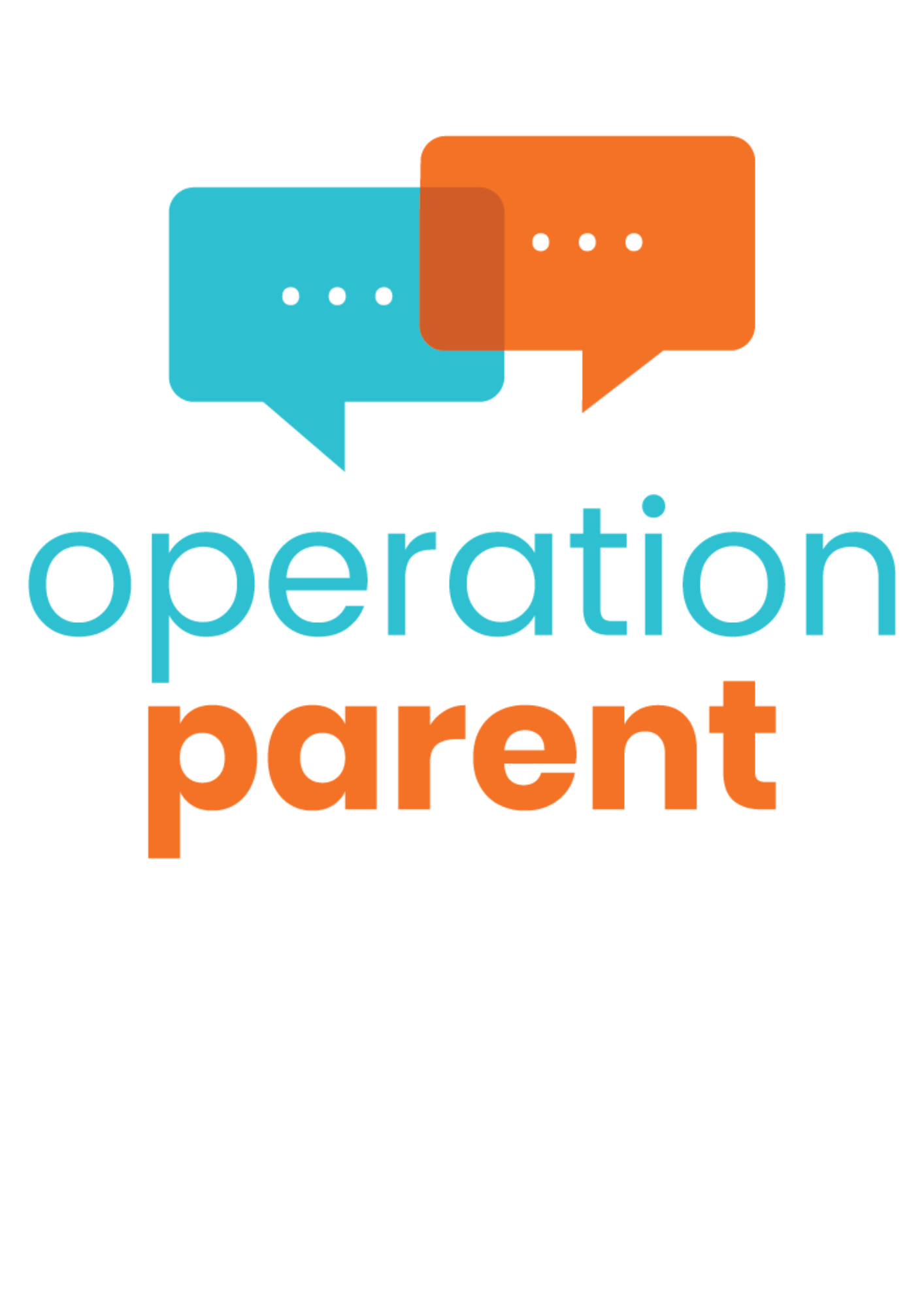 Two overlapping speech-bubble icons (turquoise left, orange right) with the words “operation parent” in matching colors beneath them, forming a logo symbolizing communication for the brand.