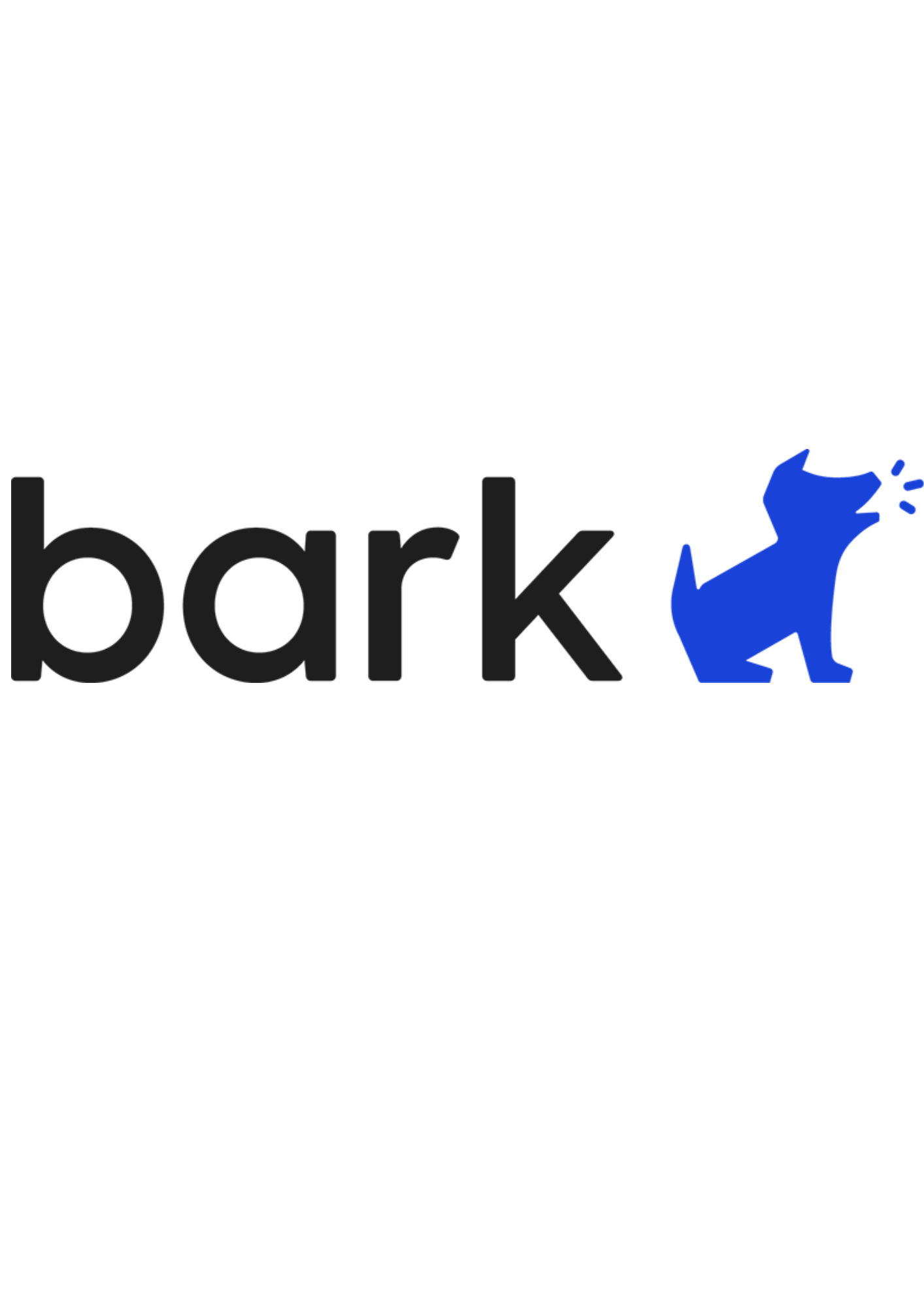 Brand logo reading 'bark' with a blue barking dog illustration on the right side.