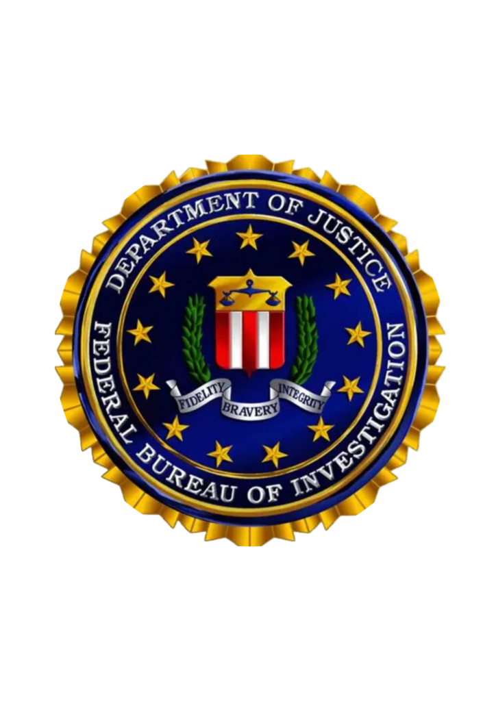 Seal of the Federal Bureau of Investigation (Department of Justice) with a blue field, gold border, stars, and banner reading 'Fidelity Bravery Integrity'