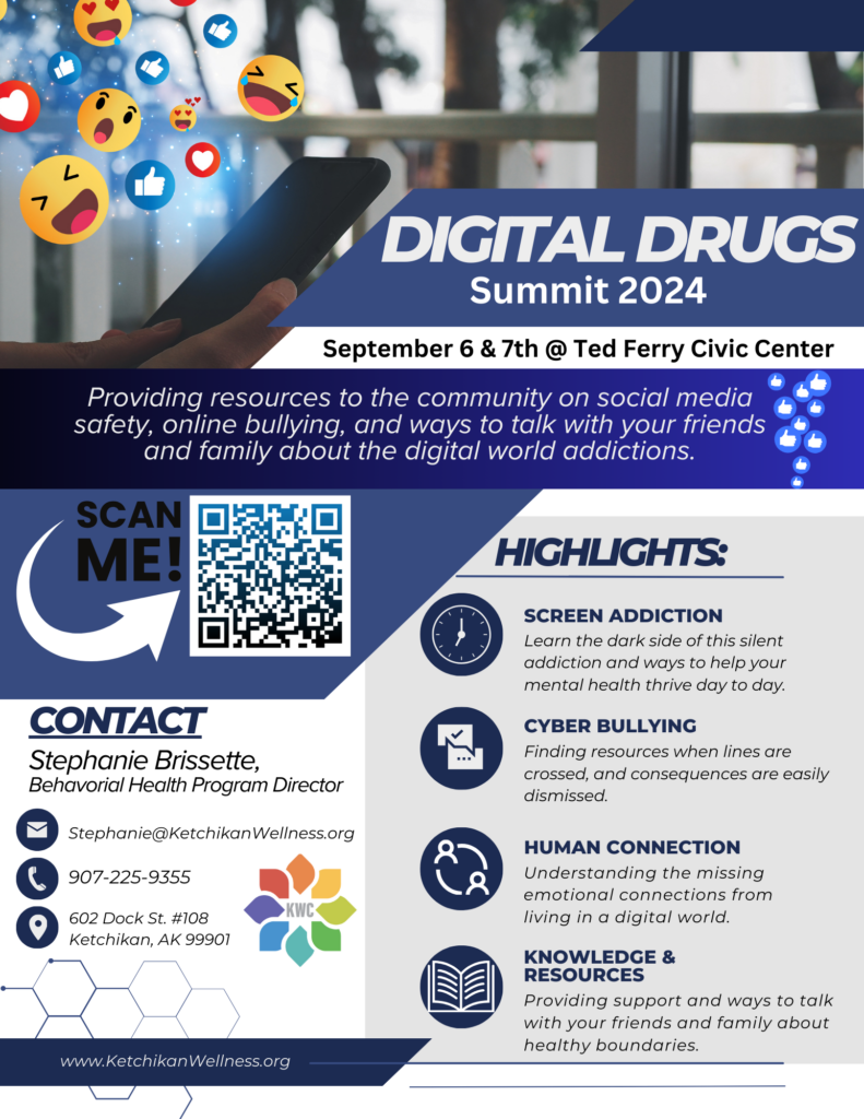 Poster announcing Digital Drugs Summit 2024 with date and location, including a QR code and social icons in the design.