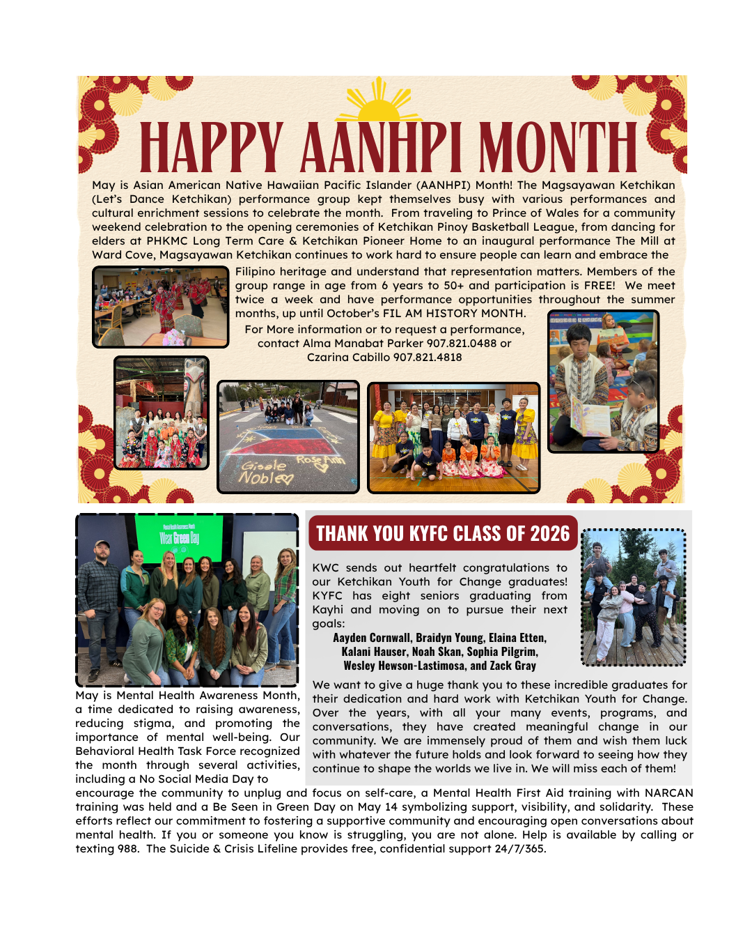 Decorative flyer announcing Happy AANHPI Month with a photo collage of community events and a floral border.