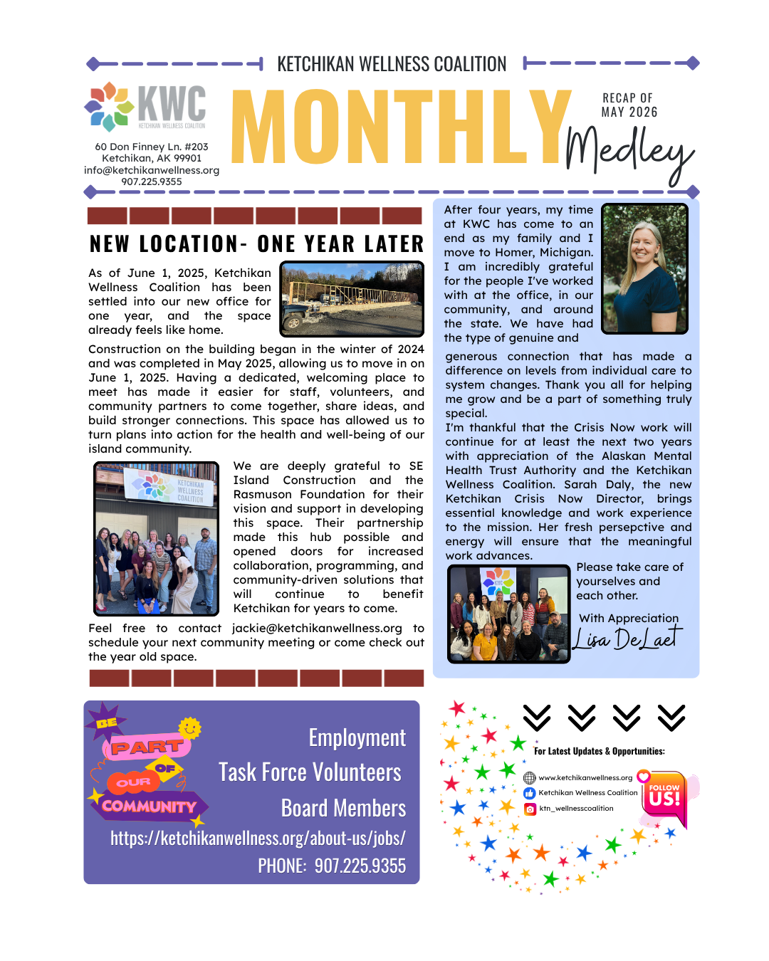 Ketchikan Wellness Coalition Monthly Medley front page announcing new location and May 2026 recap with photos and staff message.