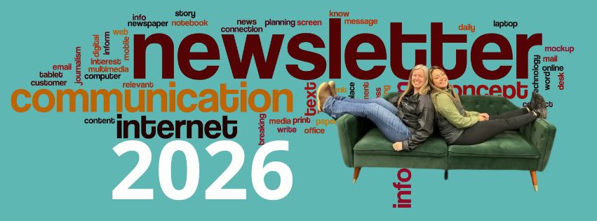 Banner with a teal background and a word cloud including 'newsletter', 'communication', 'internet', '2026', plus two people relaxing on a green sofa.